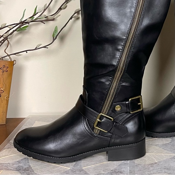 Charlotte Russe Corryn Edgy Wide-Calf Asymmetrical Gold Zipper Buckled Moto Boot - Picture 6 of 16